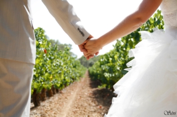 Photo mariage main dans la main devant vigne